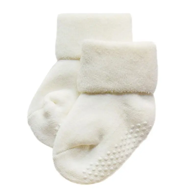 Milk White 1 пара, 1 пара, Короткие нескользящие носки-тапочки в горошек с резиновой подошвой для малышей, малышей, Короткие махровые носки из чесаного хлопка, плотные однотонные теплые носки с манжетами - Цвет: Milk White