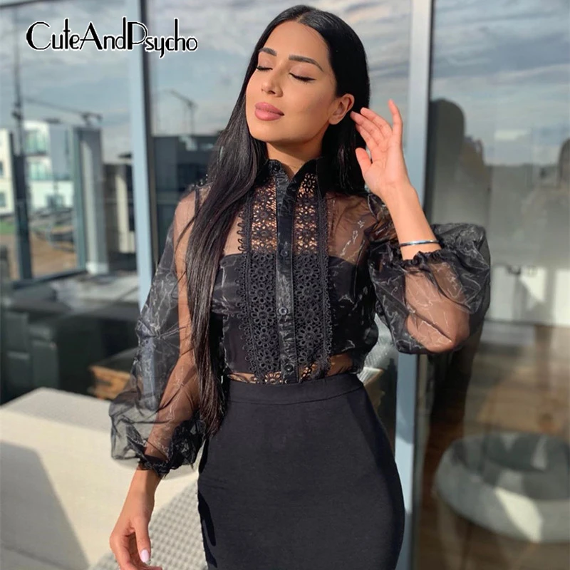 

Mesh Floral Lace Lantern Sleeve Shirts Women Perspective See Through Sexy Blouse Button Down Shirt Long Sleeve Top Cuteandpsycho