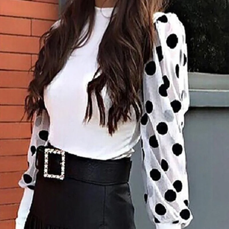Блузка в горошек с пышными рукавами и сетчатой вставкой Женская Повседневная блуза с круглым вырезом и длинным рукавом Топы