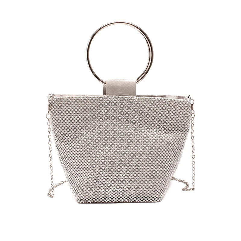

Fashion Women Evening Hand Bags Rhinestone Glitter Wedding Banquet Chain Handbags Large Capacity Women Shoulder Bags Soft Silver