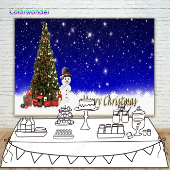 

Winter Snowman Christmas Tree Photography Backdrop Merry Christmas Starry Sky Blue Photo Background For Holiday Party Banner