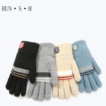 Осенне-зимние детские вязаные перчатки, теплые перчатки для путешествий и игр, ветрозащитные бархатные одноцветные перчатки с полными пальцами