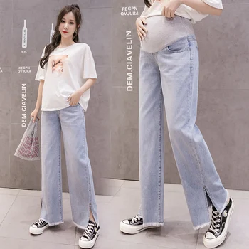 

Pregnant Women Wide Leg Straight Pants Autumn Plus Size Side Split Floor-Length Denim Trousers Long Loose Maternity Belly Jeans