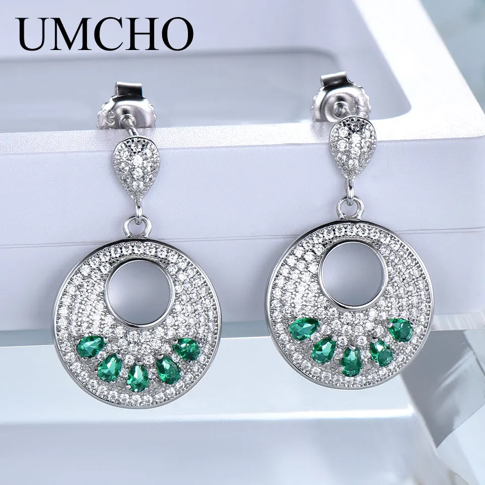 UMCHO Genuine Sterling Silver Drop Earrings Nano Emerald Gemstone For Women Tredy Party Fine Jewelry New | Украшения и аксессуары