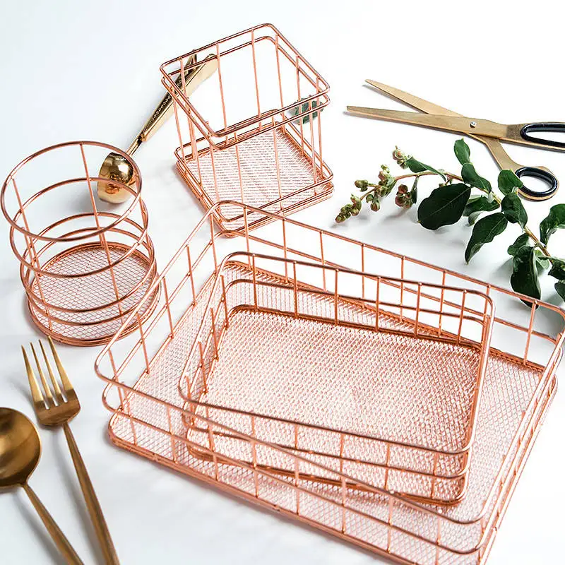 Office Supplies Desktop Storage Basket Pen Holder Sort Out Nordic Simple Practical Rose Gold Iron Art Rectangular Round Square | Дом и сад