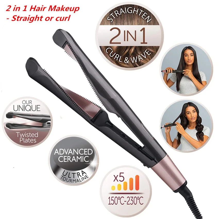 

Professional 2 in 1 hair curler and straightener Twist curling iron barber salon flat irons styler Tourmaline ceramic LED