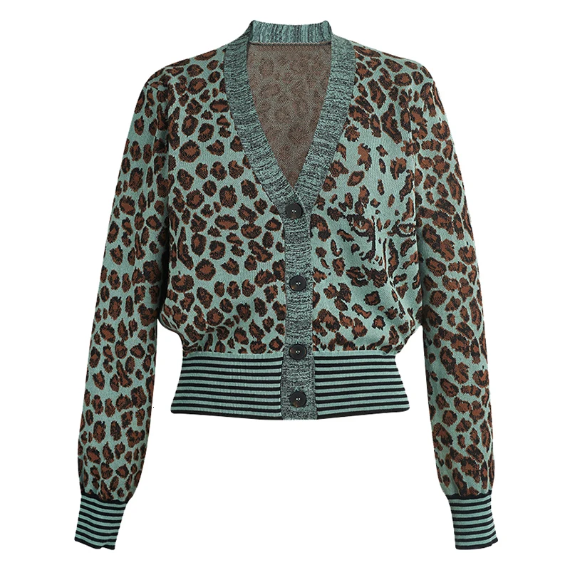 

Patchwork Hit Color Leopard Sweaters Female V Neck Long Sleeve Tunic Knitting Women's Sweater Fashion Short Cardigans Sweater