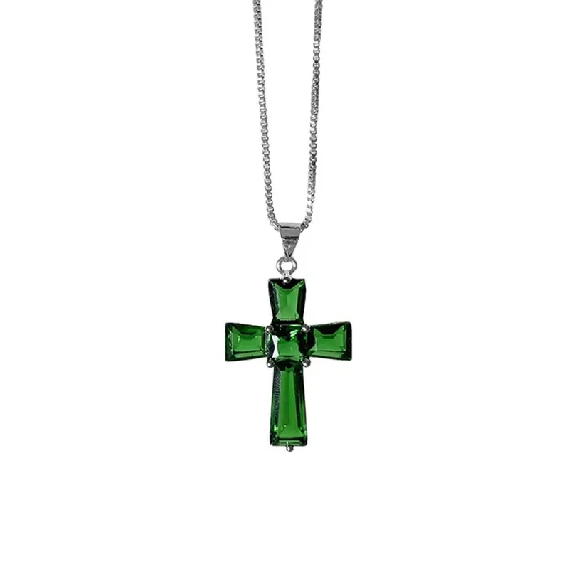 Luxury Silver Color Irregular Zircon Cross Emerald Pendant Necklaces For Women /Girls Fashion Charm Party Choker Jewelry Gift 2