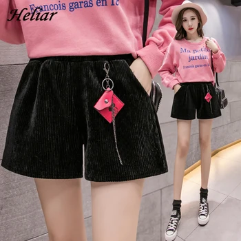

HELIAR Women Wide Leg Corduroy Shorts Women High Waist Black Short With Pendant Wide Leg Shorts For Women 2020 Spring