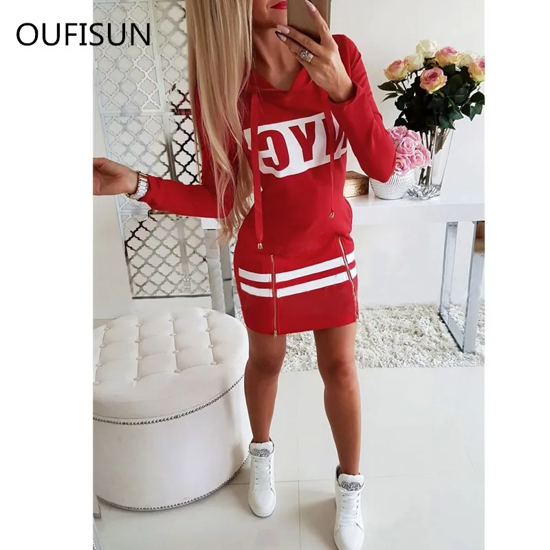 Oufisun, весна-осень, платье с капюшоном и завязками, повседневное, женское, длинный рукав, тонкое, мини платье, для девушек, весна, Толстовка для женщин