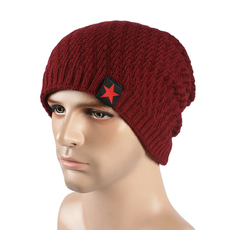 Skullies Beanie Корейская осенняя и зимняя дикая шляпа мужская пятизвездная купольная шерстяная шляпа уличная плюс бархатная вязаная шляпа теплая головная повязка