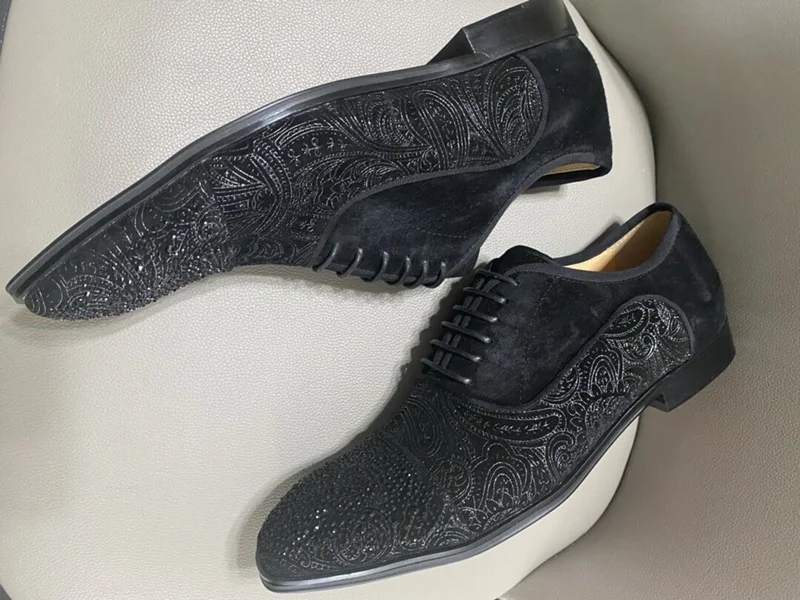 LOUBUTEN Luxury Black Suede Oxford Shoes For Men High Quality Rhinestone Dress Shoes Lace-up Red Bottom Party And Wedding shoes