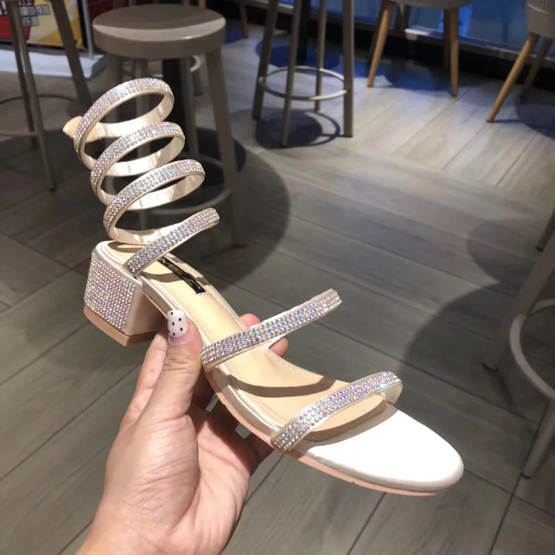 

2019 Women's Summer New Style-Chunky-Heel Man-made Diamond Semi-high Heeled Rome Sandals Serpentine around Foot Man-made Diamond