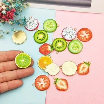 

10pcs Oil Drop Strawberry Orange Metal Enamel Charms Pendants Kiwi Fruit Charms Fit For Jewelry DIY Earring Bracelet Golden Base