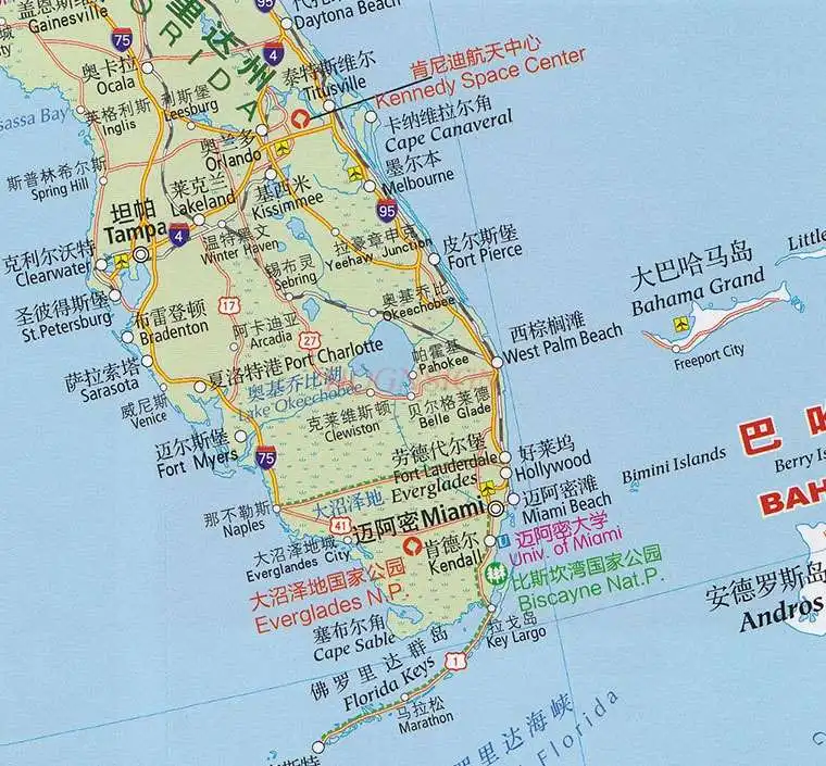 Map of the United States in Chinese and English showing the distribution of major national universities in United States