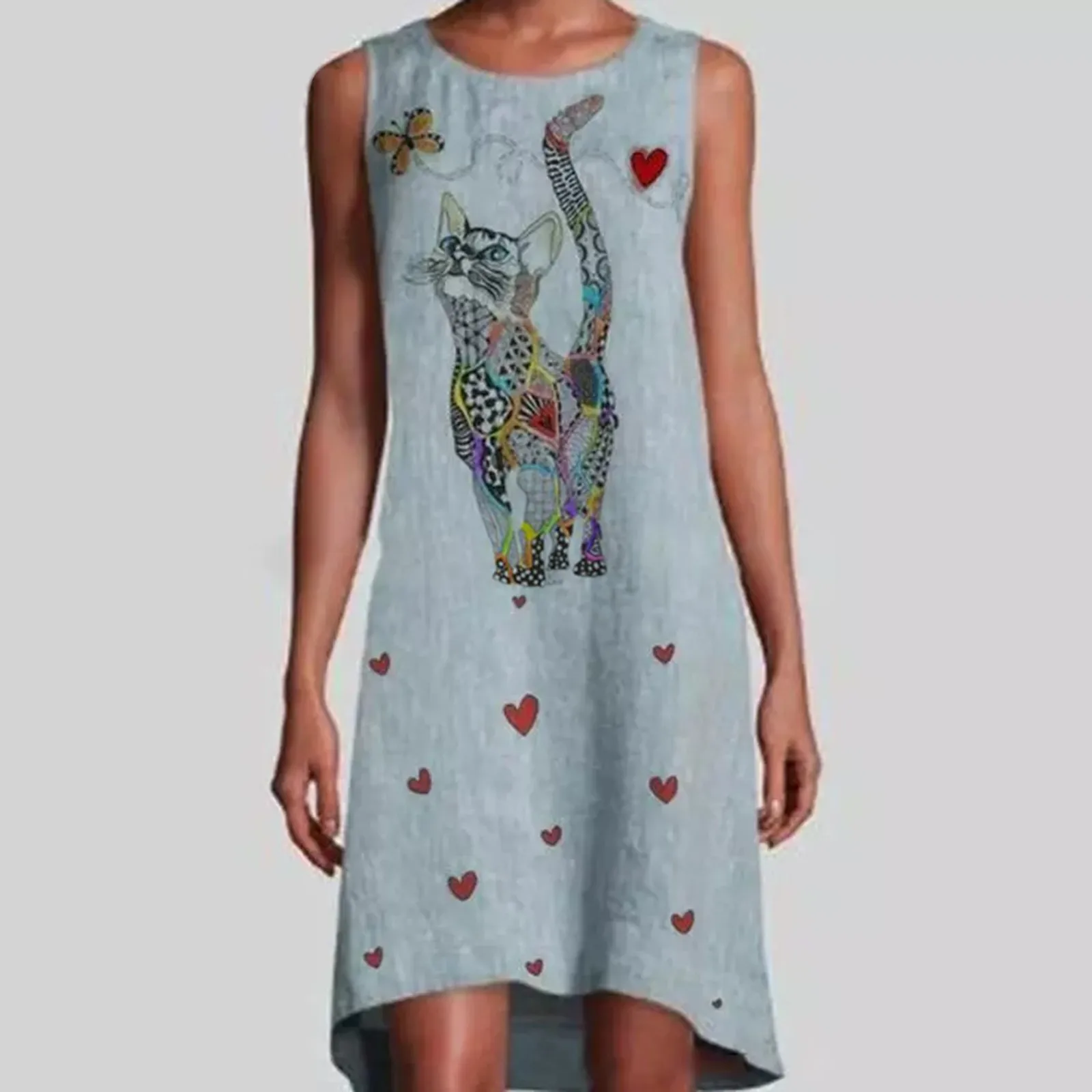 F #2021-vestido de verano sin mangas con estampado de gato, cuello redondo