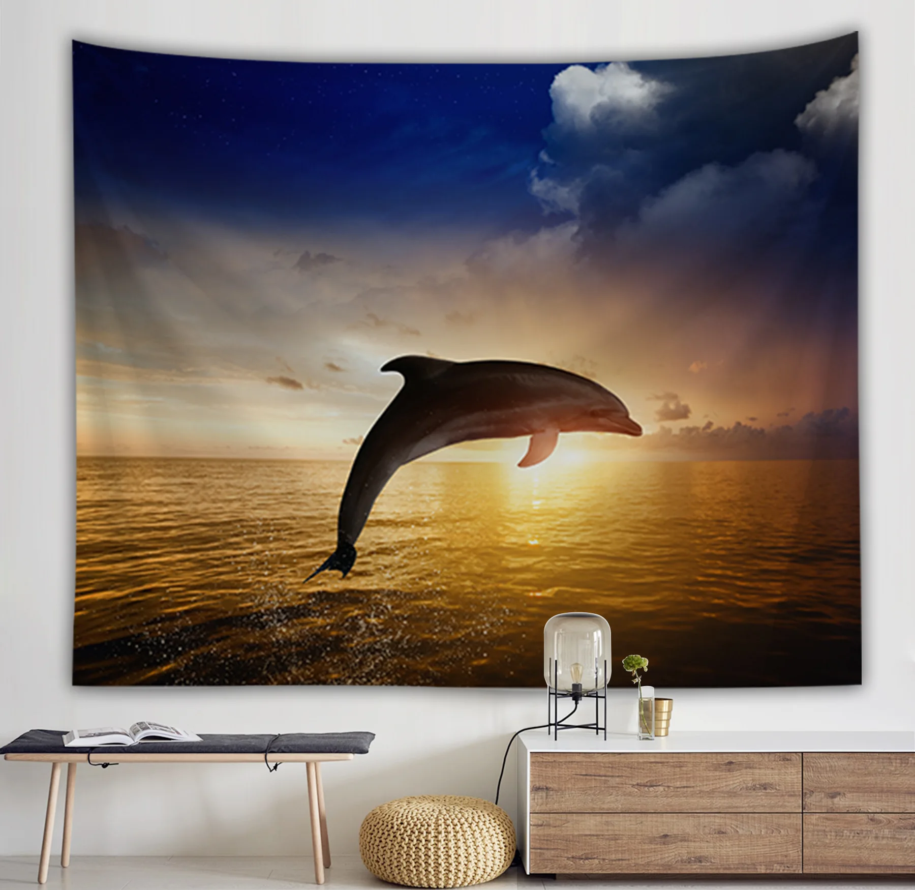 

Yaapeet 1pc Dolphin Printed Wall Hanging Polyester Sea View Hanging Tapestry Pretty Sunset Wall Tapestry Ocean Home Decor