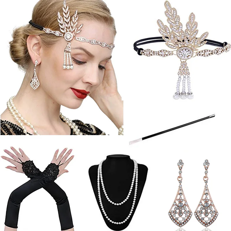 1920s Flapper Headpiece Roaring 20s Feather Headband Gatsby Hair Accessories Pearl Headband Flapper Party Earrings Sets corpse bride costume Cosplay Costumes