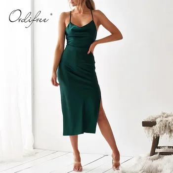 

Ordifree 2020 Summer Women Satin Slip Dress Spaghetti Strap Sexy Backless Split Silk Party Dress