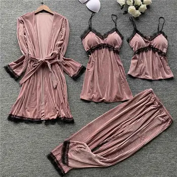 

Sexy Women Pajamas Set Winter Keep Warm Sleepwear 4 Pieces Long sleeve Pajamas Set Lace Home Clothes Pyjamas Female Loungewear