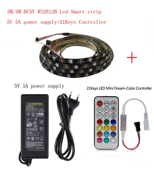 

3/4M DC5V WS2812B Led Strip 30 pixels/leds/m WS2812 IC Smart 5050 RGB led Strip light+5V LED Power Supply + 21Key LED Controller