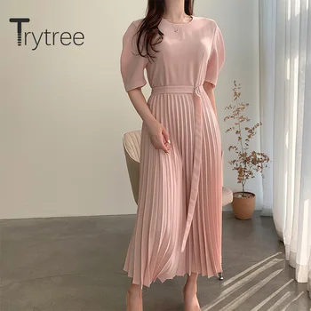 

Trytree 2020 Summer Women Suit Dress Casual O-neck Solid 2 Color Pleated A-line Fashion Elegant Belt Temperament Mid-Calf Dress