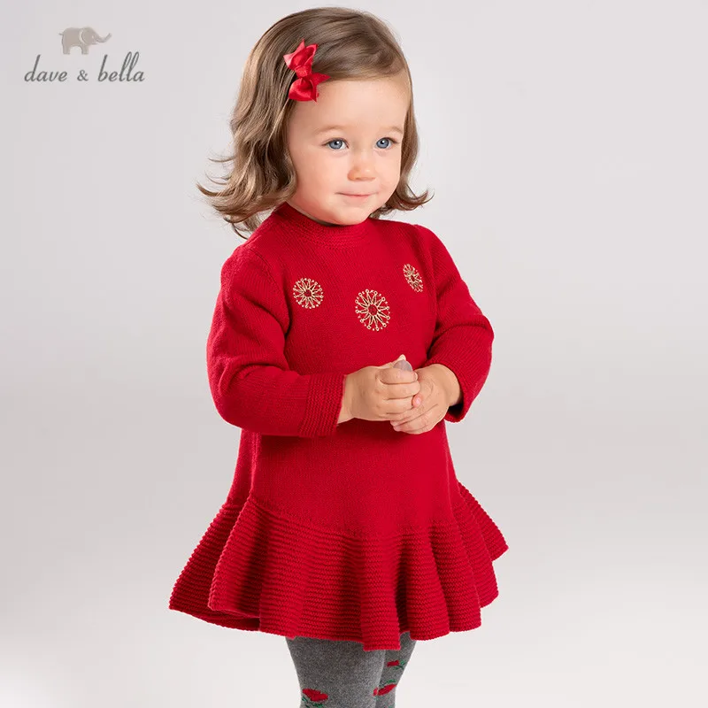 DB11854 dave bella/зимнее платье-свитер принцессы с рюшами для маленьких девочек; детское праздничное платье; одежда в стиле Лолиты для малышей