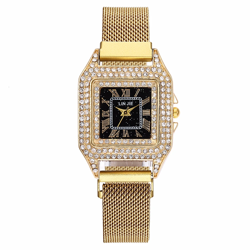 Women Magnet Buckle Square Rhinestone Watch Luxury Ladies Stainless Steel Mesh Belt Quartz Watches Clock Relogio Feminino - Цвет: gold