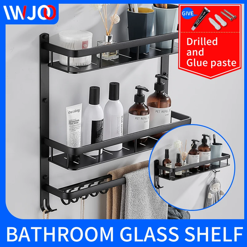 

bathroom shelf storage rack holder wall mounted towel rack glue paste triple tier Dressing rack shampoo screw free installation