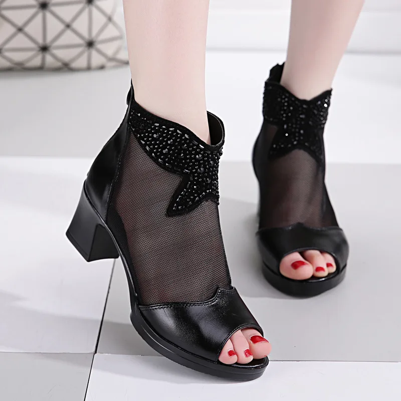 

2019 Summer New Style Gauze Sandals Chunky Heel Semi-high Heeled Man-made Diamond Fish Mouth WOMEN'S Sandals Wechat Business