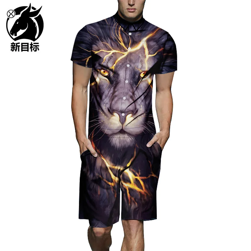 

Hot Selling Tooling Overalls 2019 Summer New Style Flash Wolves Print Shirt Onesie Short Sleeve Large Size MEN'S Shirt
