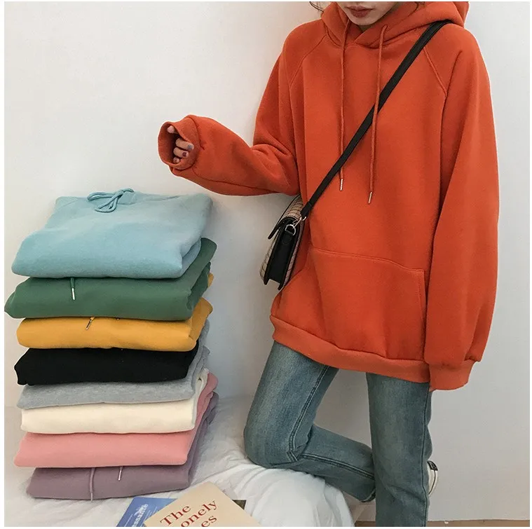 9 цветов осень зима Harajuku женские толстовки свободный однотонный пуловер с длинными рукавами теплые женские толстовки с капюшоном YT50172