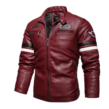

KIOVNO Fashion Men Biker Pu Leather Jackets Coats Stand Collar Motorcycle Faux Leather Jackets Outwear For Male Back Embroidery