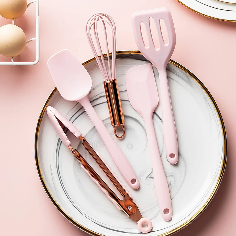 Multipurpose Kitchen Cake Tool Set Silicone Scraper Oil Brush Egg Whisk Spatula Cooking Utensil Pink Kitchenware