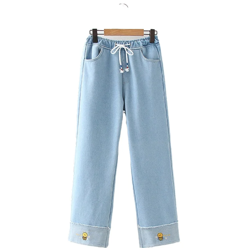 

Japan Style Cuffed Frayed Feet Bee Embroidery Fleece CasualJeans Women's Wide-Leg Trousers Elastic Waist Jean Pants 2011754