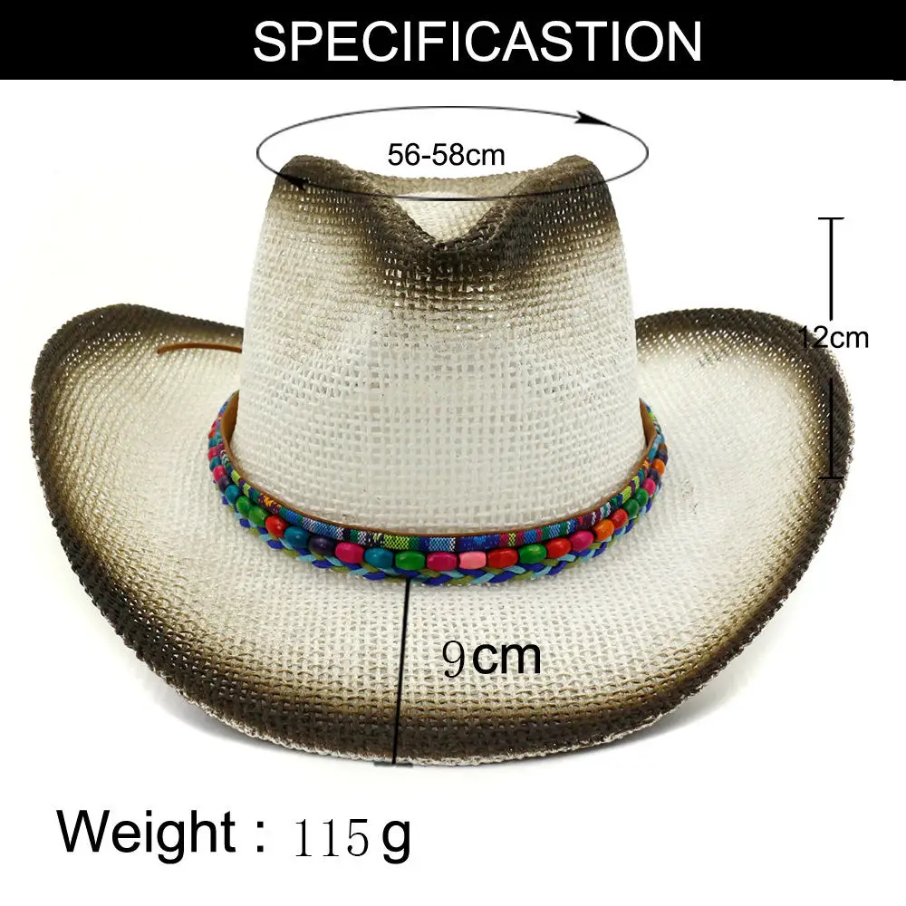 Summer Handmake Raffia Men Western Cowboy Hat With Rope Women Western Wide Curling Brim Cap Sun Protection Unisex Hats AF0034