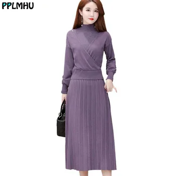 

Fashion graceful knitted suit women v-neck pullover coat and turtleneck sleeveless dress Loose solid color office lady knitwear