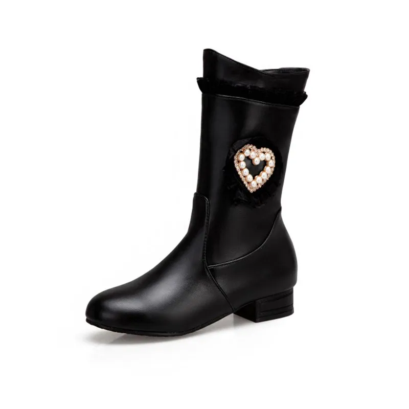 PXELENA Romantice/сердцевидный жемчуг; Свадебная обувь для невесты; белые кружевные туфли с оборками на низком каблуке; Милая обувь в стиле Лолиты; цвет розовый; большие размеры 34-43 - Цвет: Black thick fur