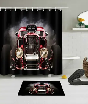 

Vintage Car Shower Curtain Set Bathroom Waterproof Fabric Curtains with 12 Hooks