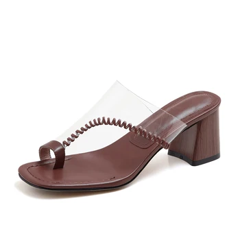 

Genuine Leather Peep Toe Slippers Women Slingbacks Thich Heels Sandals Summer Newest fashion Casual Working Shoes Woman