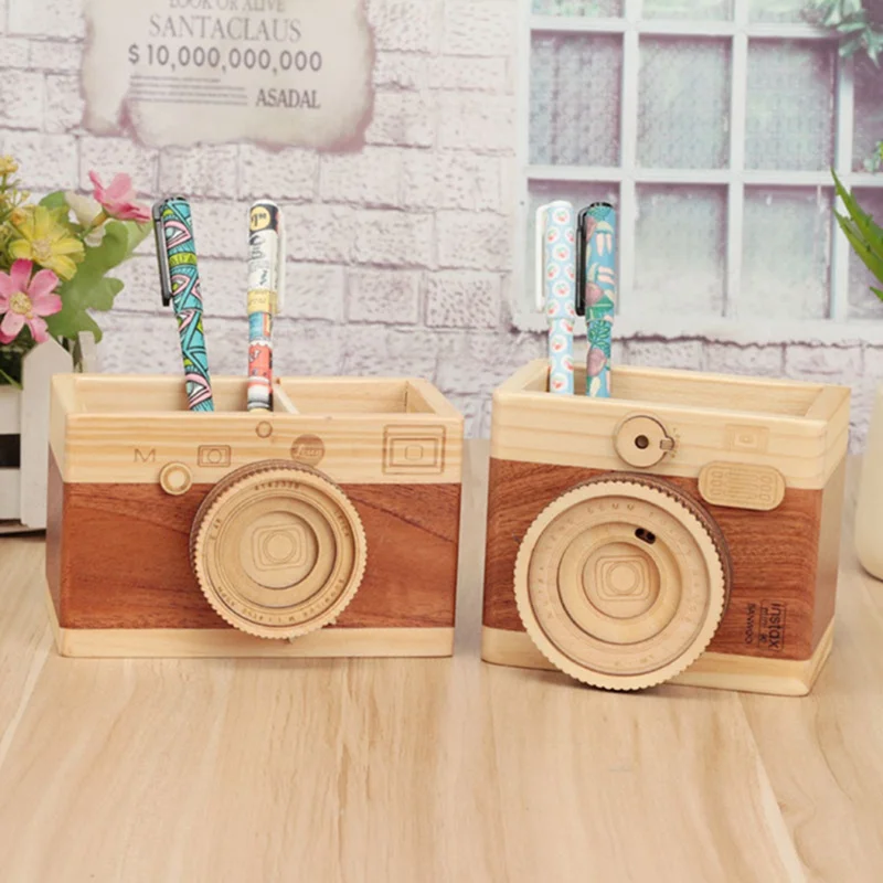 

New 1Pc Creative Retro Camera Double-layer Pen Holders Original Wood Learning Stationery Storage Container Desk Gift Ornaments