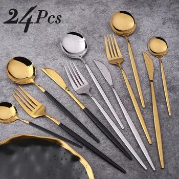 

12/24Pcs/set Stainless Steel Gold Dinnerware Dinner Knife Fork Spoon Cutlery Set Kitchen Restaurant Hotel Steak Tableware Sets
