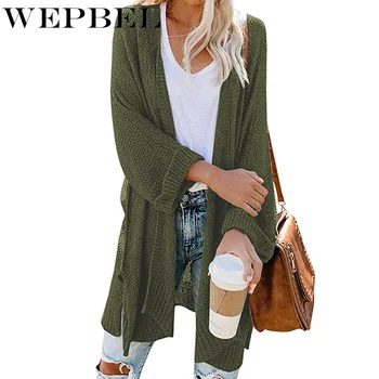 

WEPBEL Women Knitted Long Sleeve Cardigan Sweater Loose Autumn Casual Cardigan Coat Long Solid Color Sexy Split Sweater