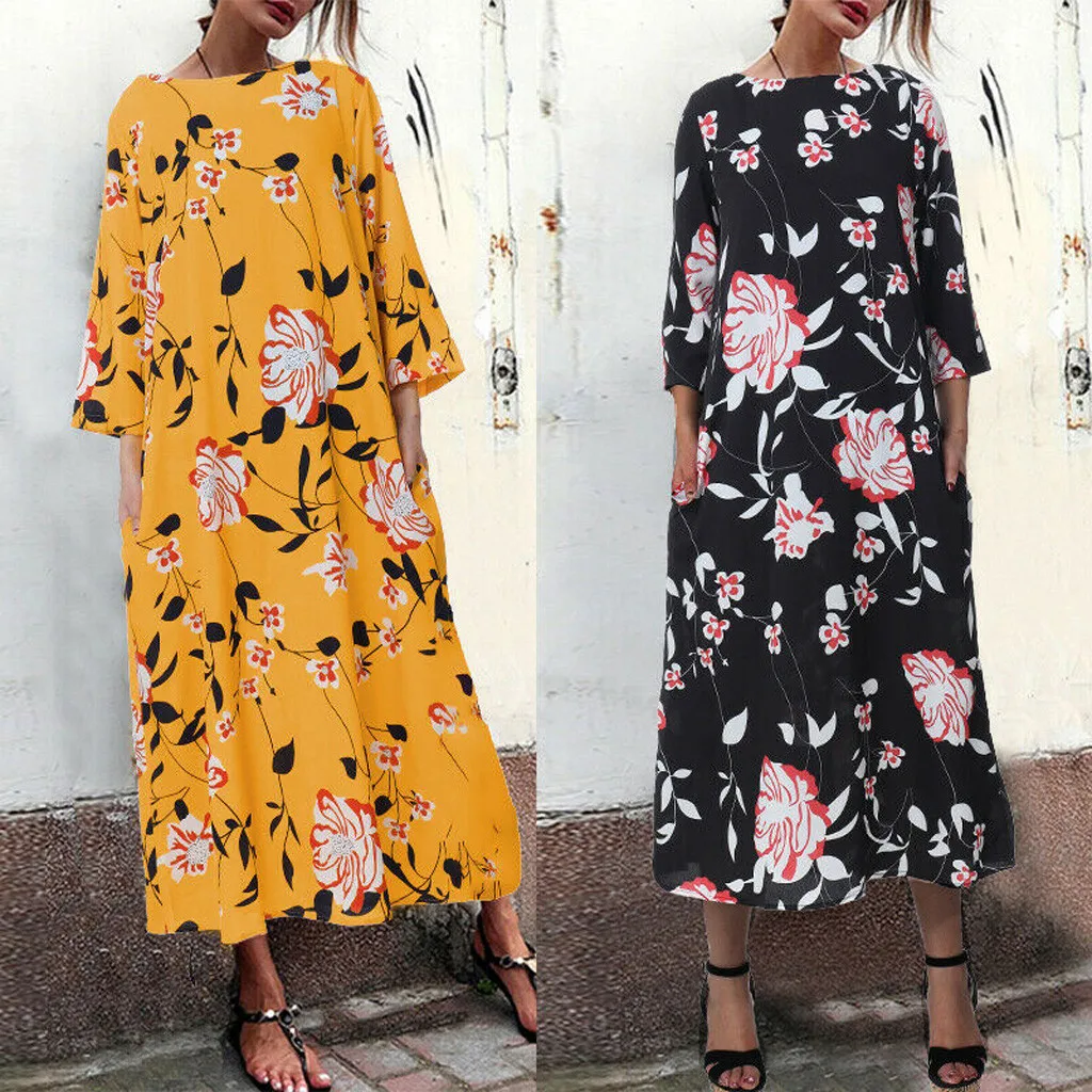 2022 New Vintage Women Maxi Floral Dress Plus Size Long Sleeves Pockets O Neck Cotton Linen Loose Robe Dresses Vestidos #3