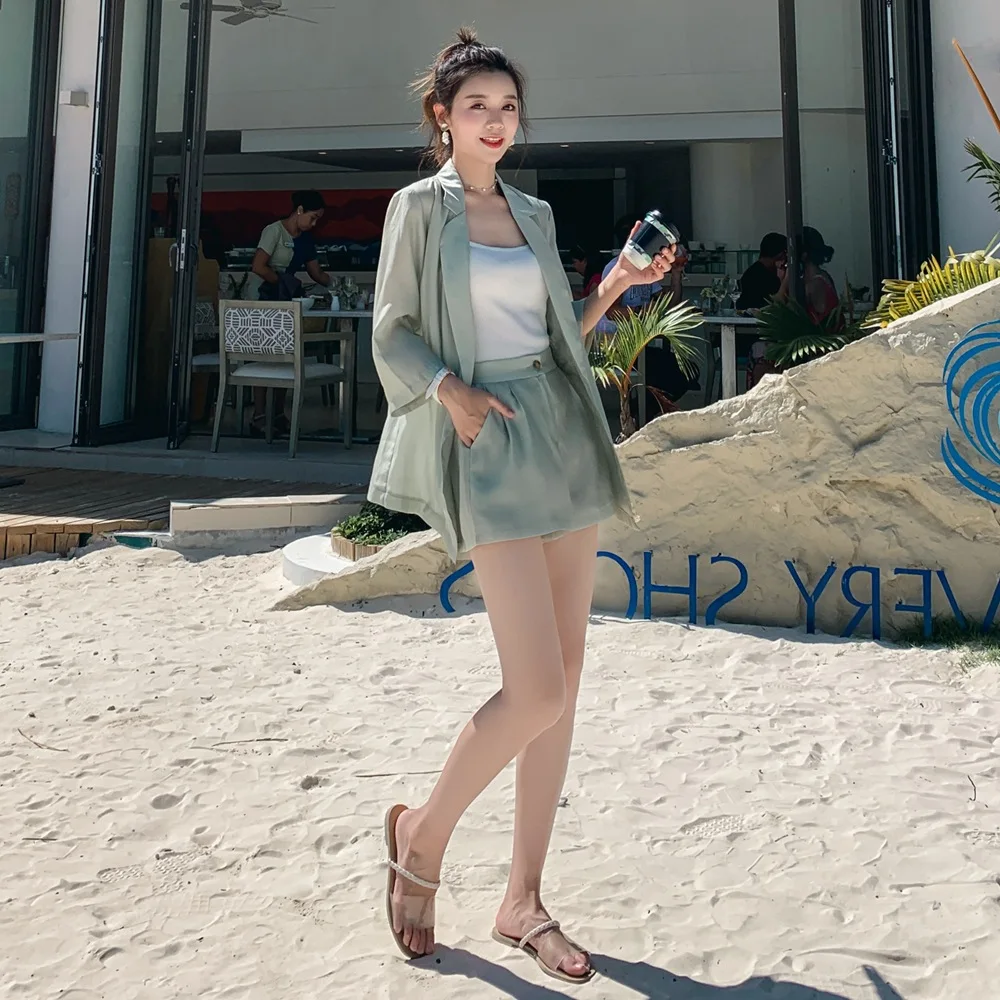

Leisure Suit 2019 Summer New Style WOMEN'S Dress CHIC Suit Jacket + Knitting Sun-top + Loose Pants Three-piece Set