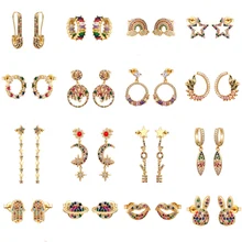 Радужные циркониевые серьги-гвоздики, ювелирные изделия для женщин, золото, серебро, cz серьги, звезда, любовь, улыбка, цветок, серьги, ювелирное изделие, рождественский подарок