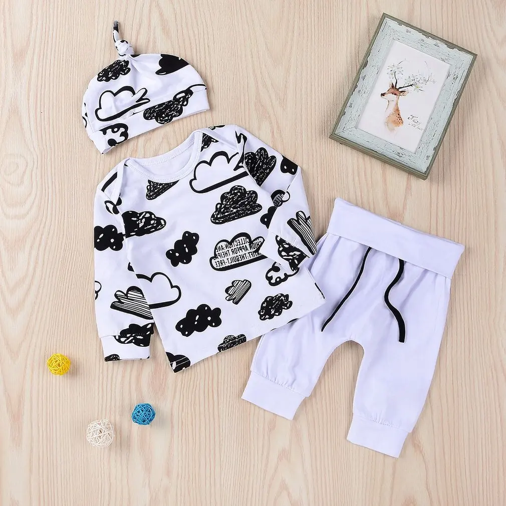 

Newborn Unisex Clothing Set Cloud Graffiti T-shirt & Hat+Trousers Long-sleeve Pullover + Drawstring Pants with Elastic Waist