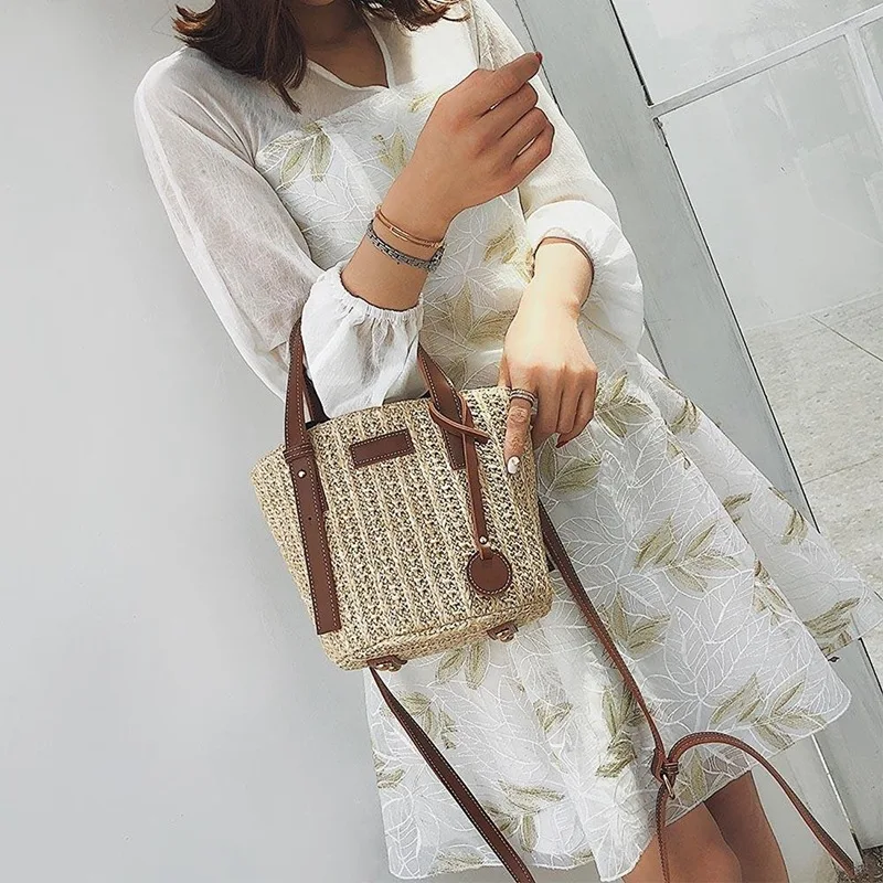 Women Straw Shoulder Bag Vintage Straw Bags Shoulder Mini Messenger Beach Casual Wicker Bag