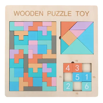 

3 In 1 Educational Toy Tangram For Kids Gift Wooden Jigsaw Board Game Building Block Preschool Kindergarten Safe Brain Teaser