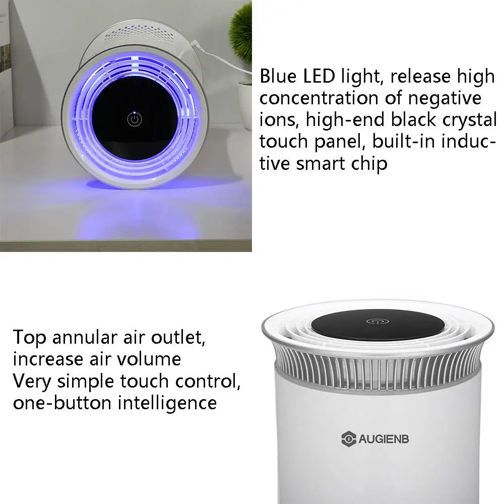 AUGIENB Air Purifier HEPA Filter Negative Ion Fresh Air Smart 8H Timer Touch Button Control For Home Office LED Night Light